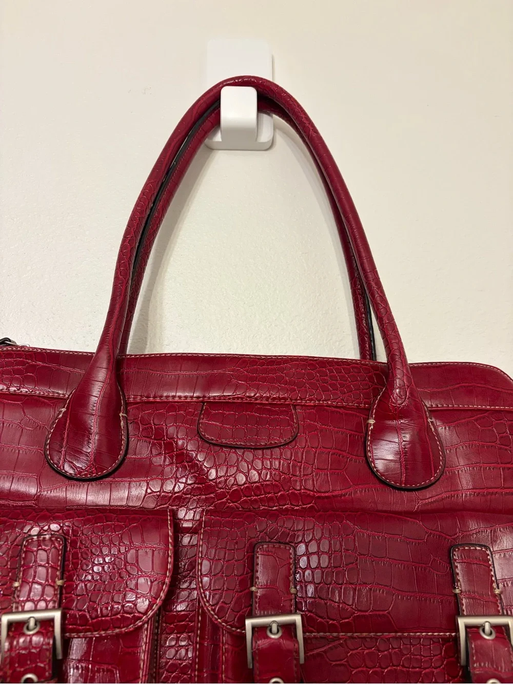 Red Croc Embossed Satchel Handbag 3 Buckle Pockets Structured Tote
